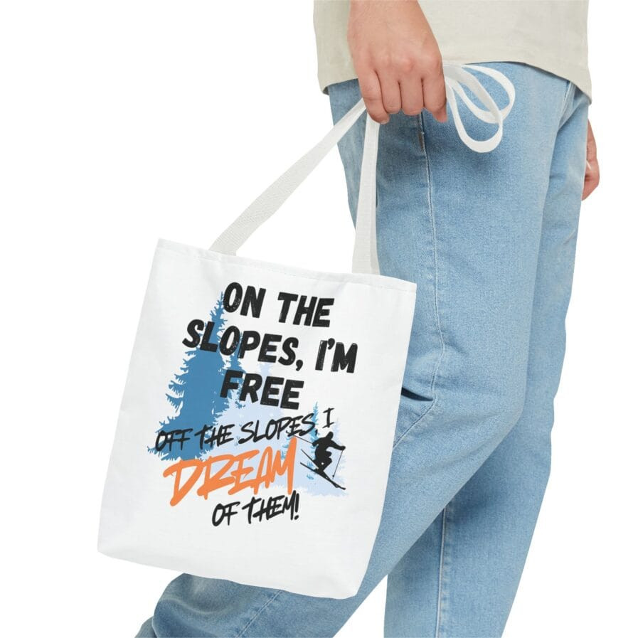 Ski-Themed White Tote Bag - Bag for Shopping, Gym, and More