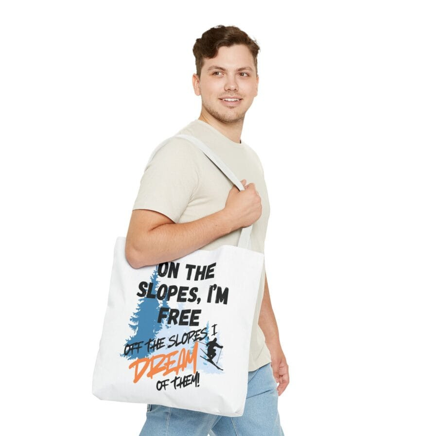 Ski-Themed White Tote Bag - Bag for Shopping, Gym, and More