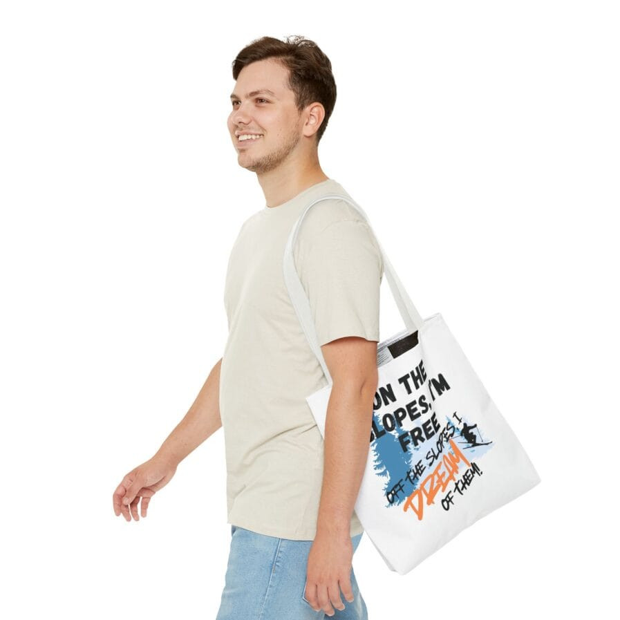Ski-Themed White Tote Bag - Bag for Shopping, Gym, and More