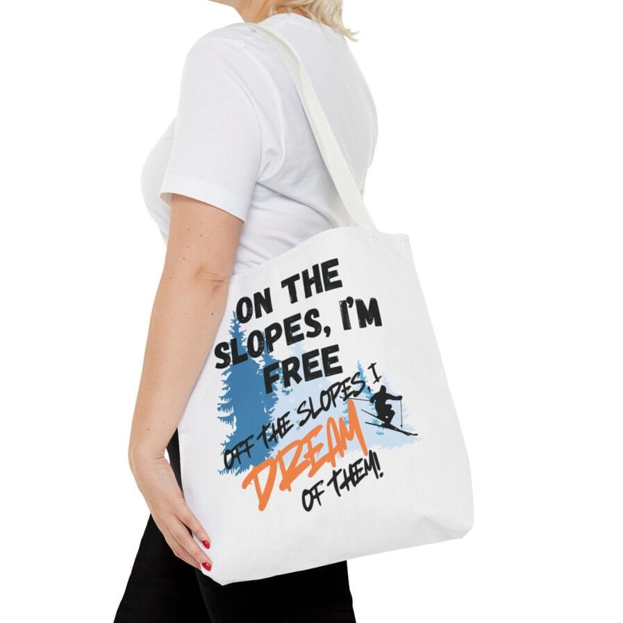 Ski-Themed White Tote Bag - Bag for Shopping, Gym, and More