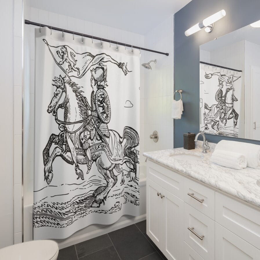 Black & White Regal Knight Waterproof Shower Curtain – Polyester,  Easy Installation with  12 buttonholes 71" × 74"