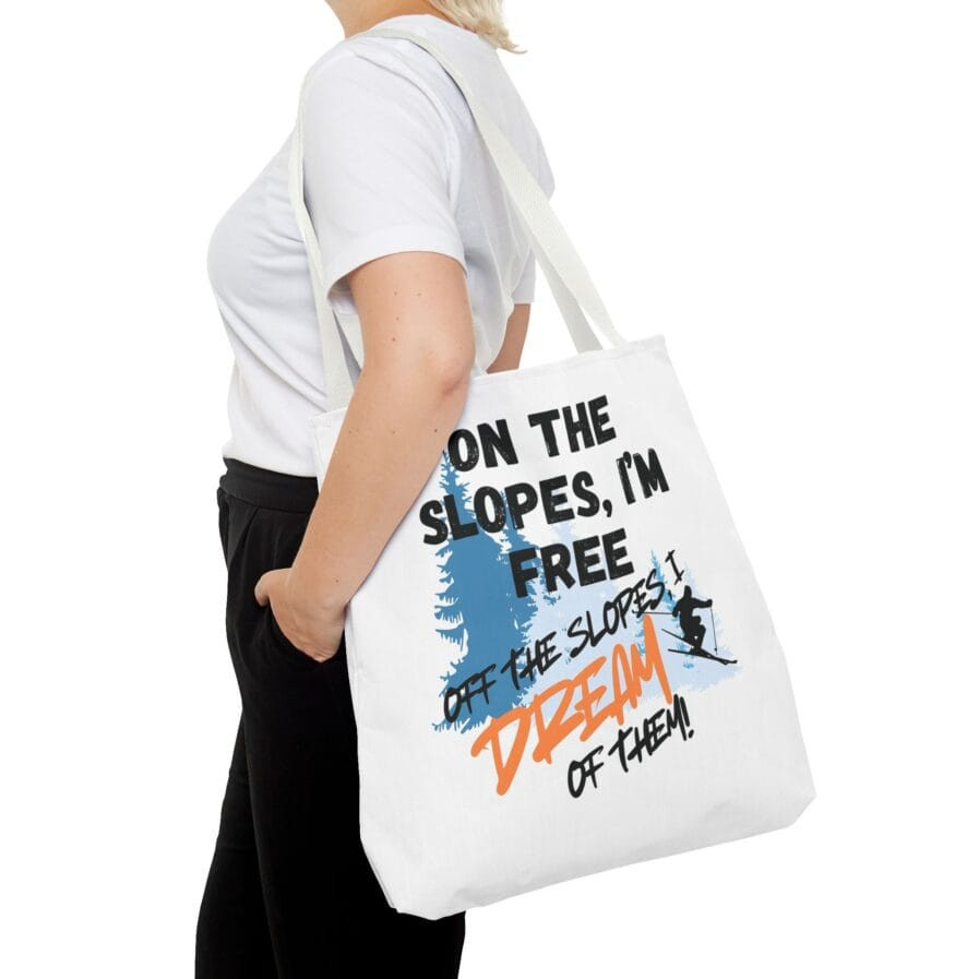 Ski-Themed White Tote Bag - Bag for Shopping, Gym, and More